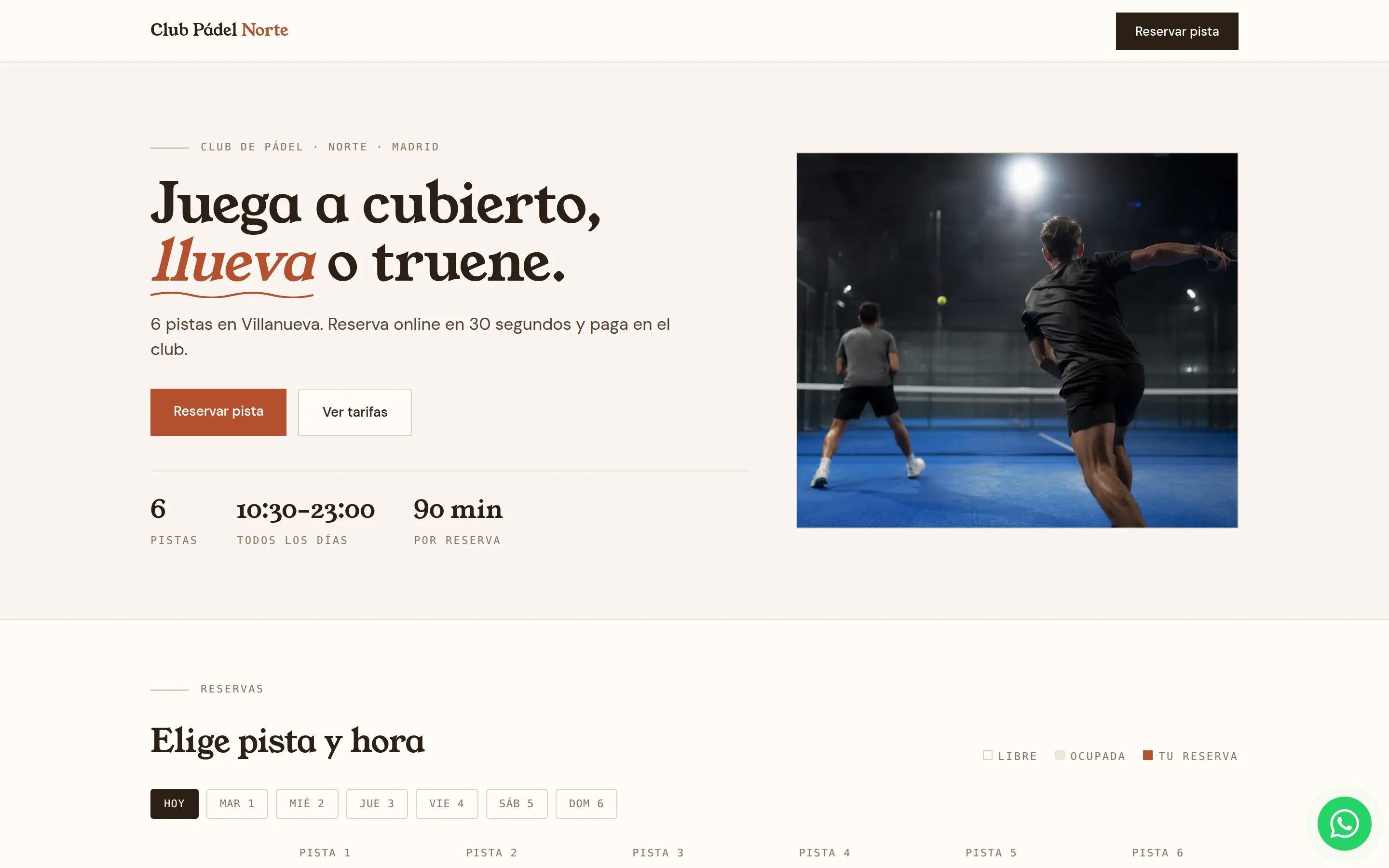 Portada de la plantilla Editorial: titular grande, foto de juego, botones de reservar y las cifras del club